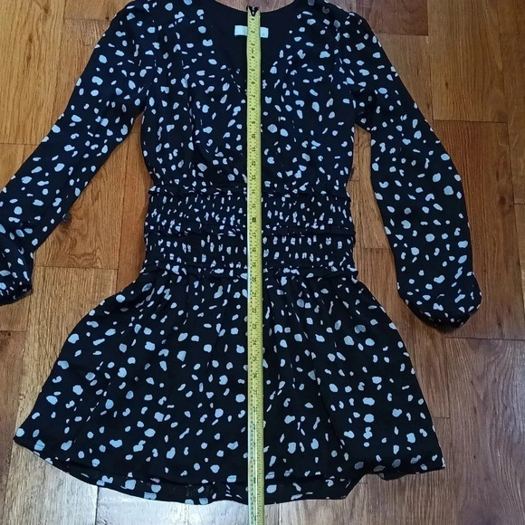 Y2K printed black & white surplice mini dress sheer sleeves lined skirt small - Picture 12 of 16